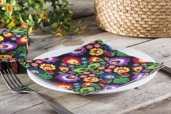 Polish Black Lowicz Flowers Folk Art Luncheon Napkins, Set of 20