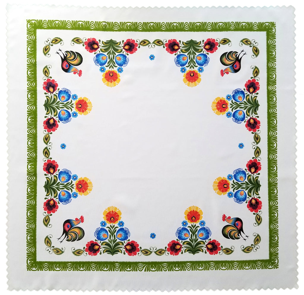 Polish Traditional Rooster Folk Art Square Table Linen Topper, 31" x 31"