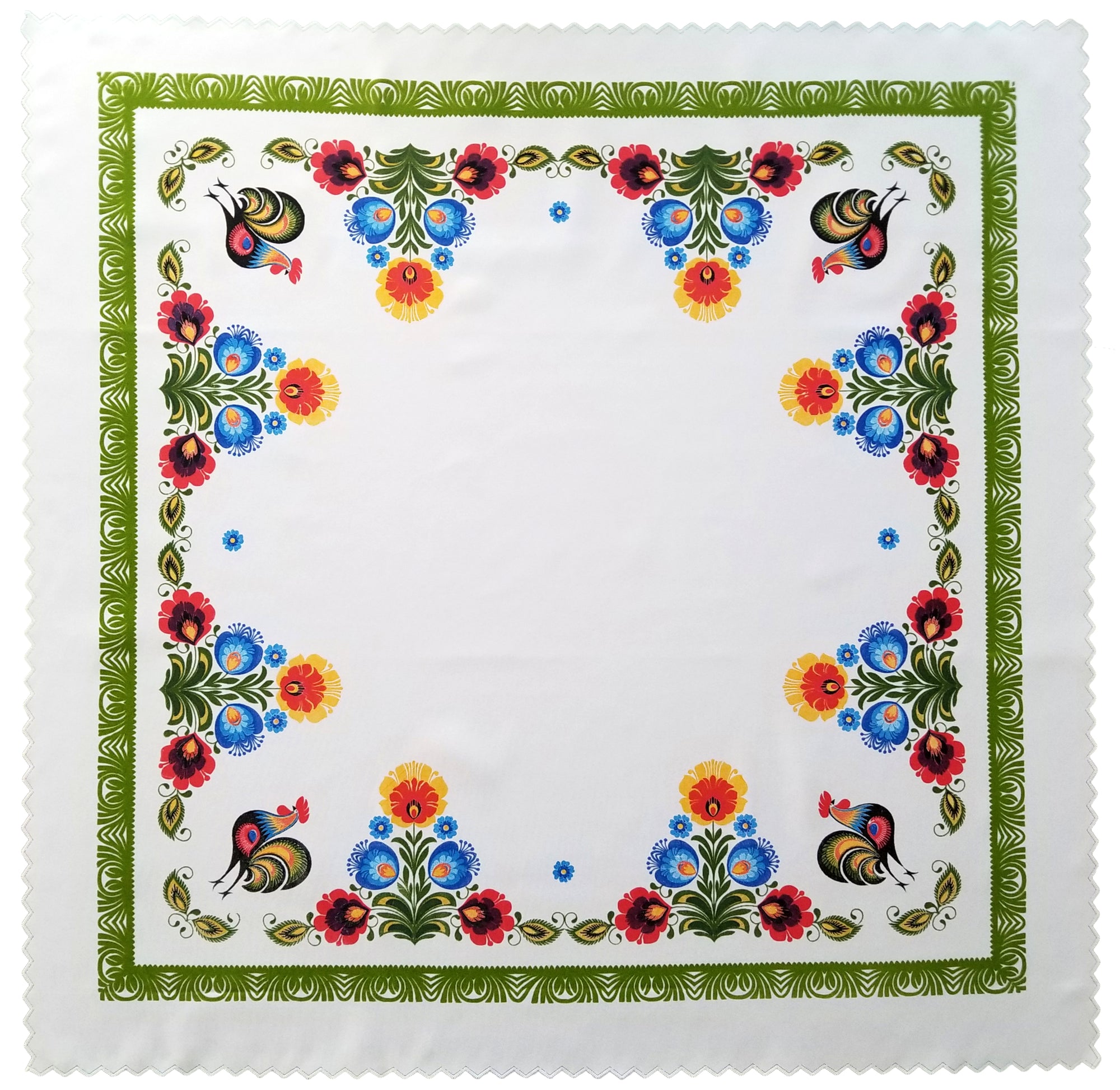 Polish Traditional Rooster Folk Art Square Table Linen Topper, 31" x 31"