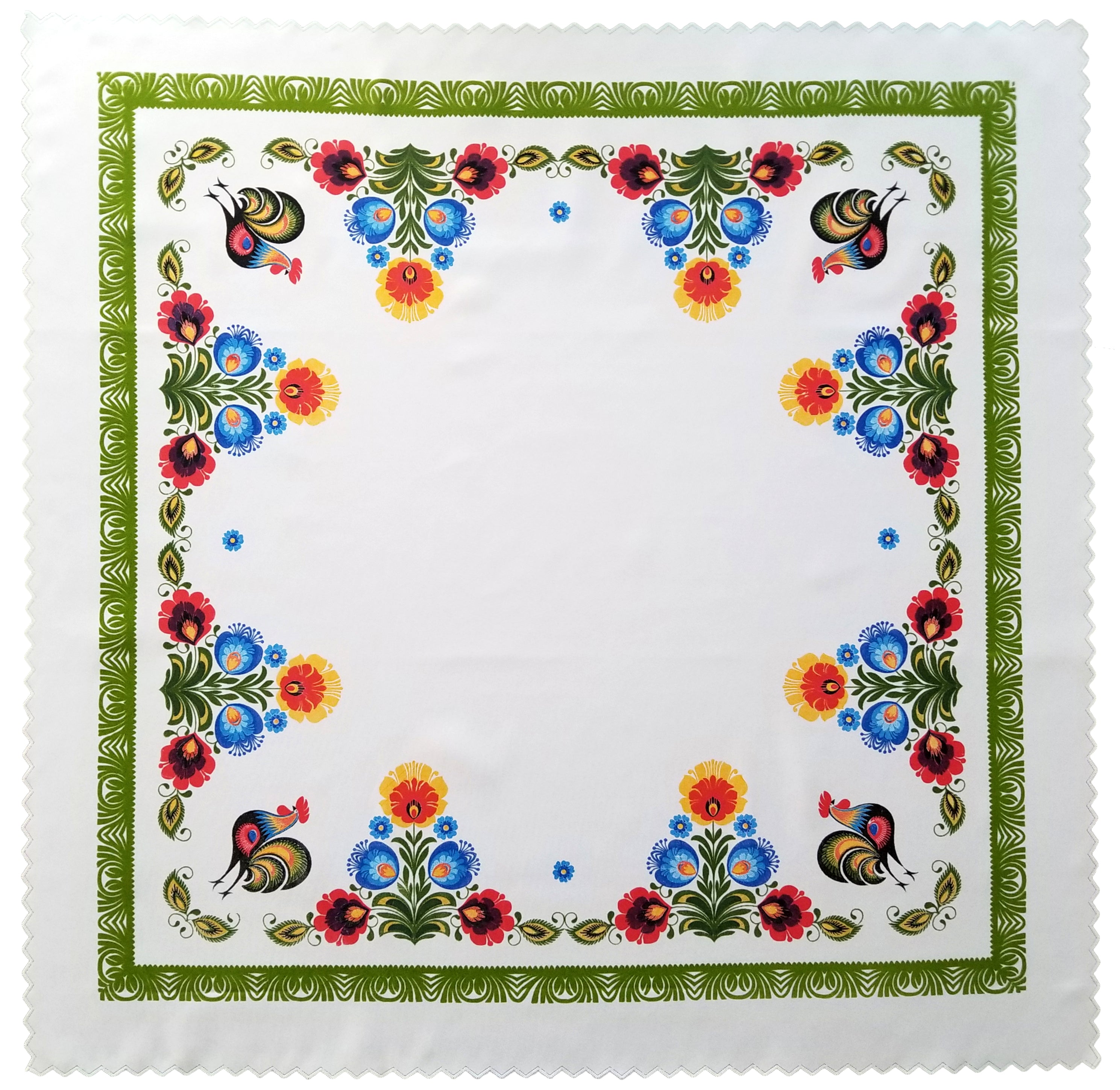 Polish Traditional Rooster Folk Art Square Table Linen Topper, 31" x 31"