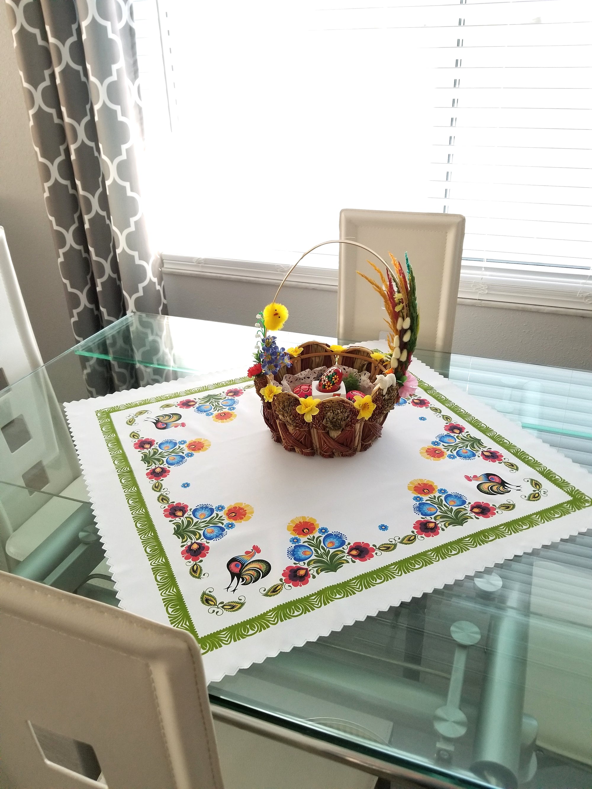 Polish Traditional Rooster Folk Art Square Table Linen Topper, 31" x 31"