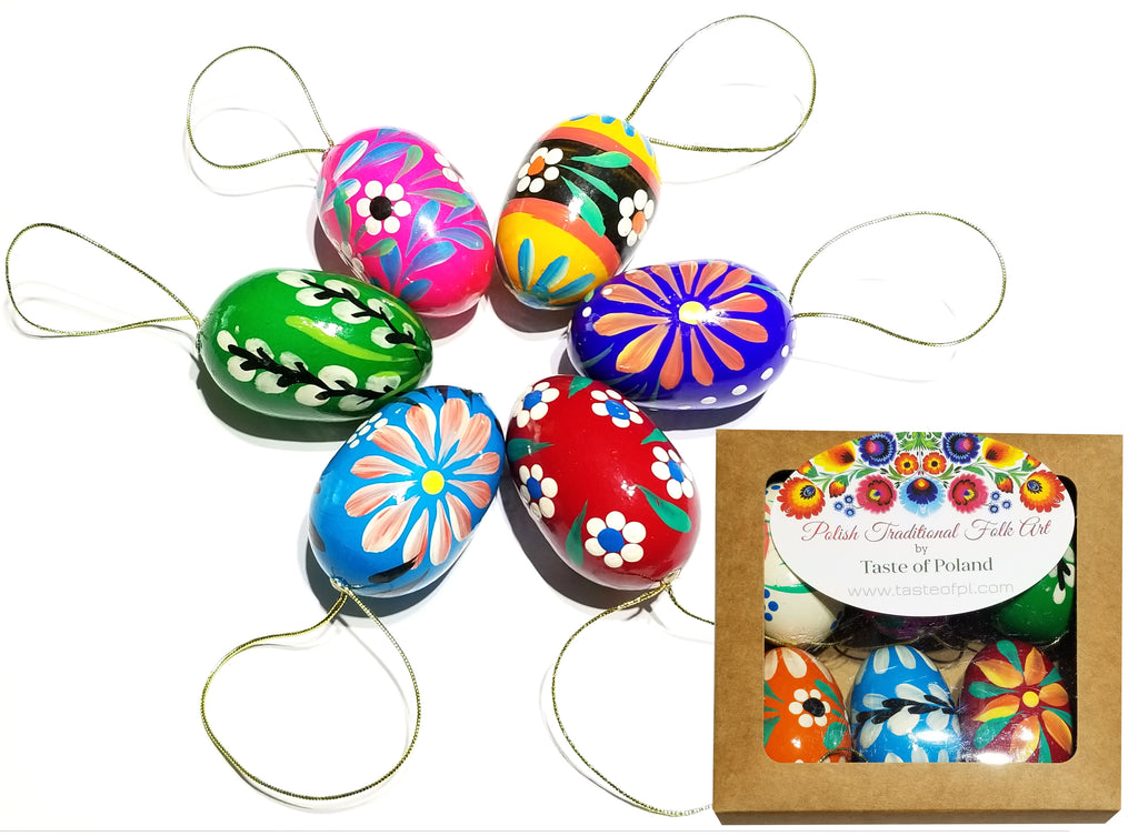 Set of 6 Polish Easter Handpainted Wooden Egg Hanging Ornaments 1.75" L
