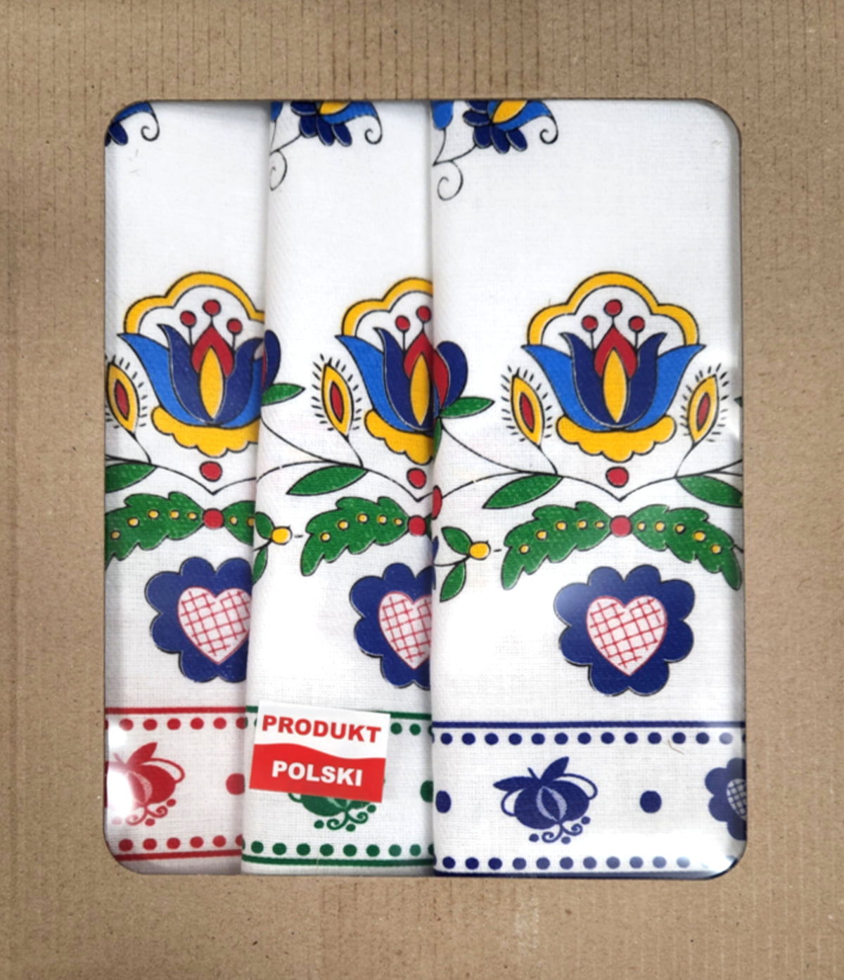 Polish Folk Art Set of 3 Kitchen Towels in Box (Kashubian Flowers)