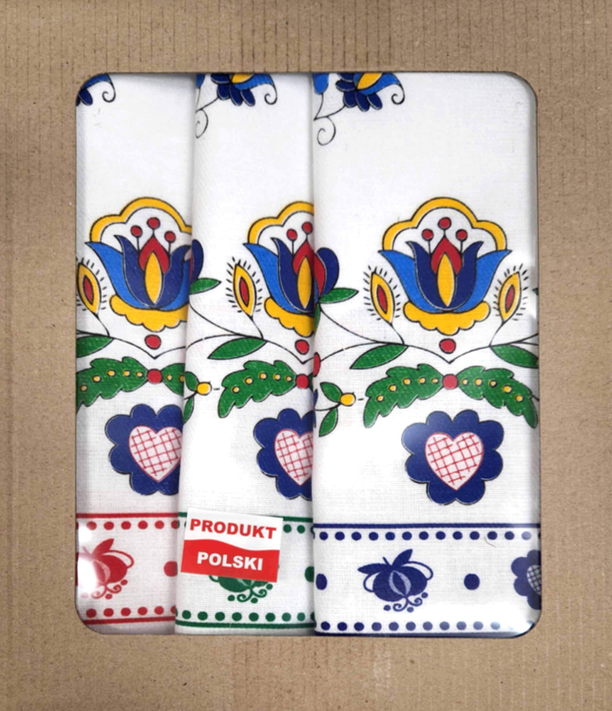 Polish Folk Art Set of 3 Kitchen Towels in Box (Kashubian Flowers)