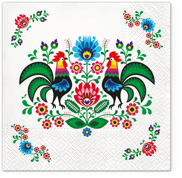 Polish Roosters Lowicz Folk Art Luncheon Napkins, Set of 20