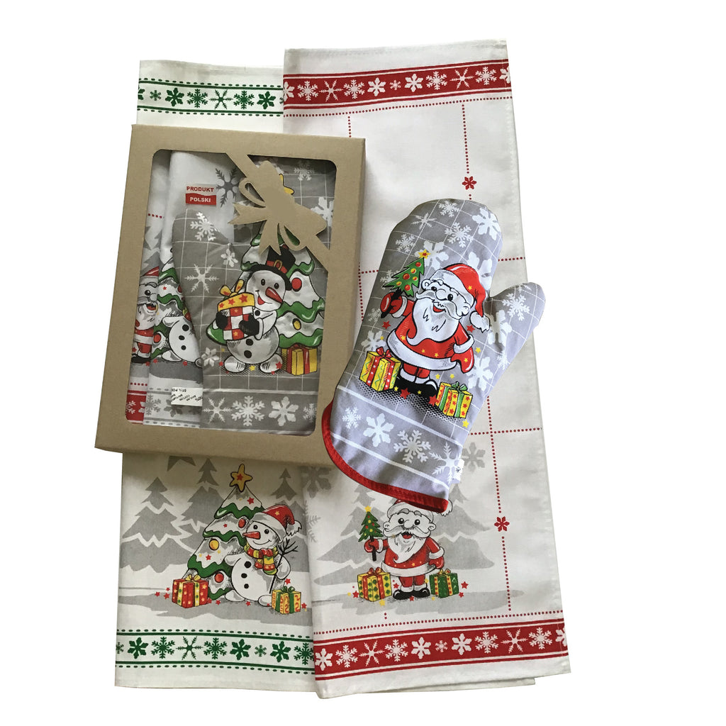 Polish Christmas Santa & Snowman Gift Set with 2 Kitchen Towels and 1 Oven Mitt in Box
