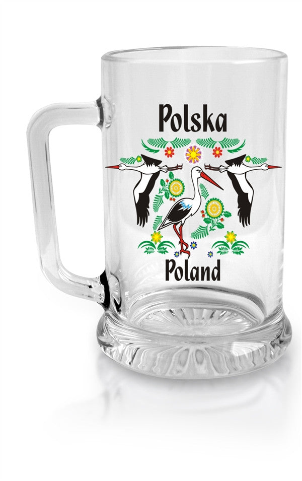 Polish Folk Storks Glass Beer Mug