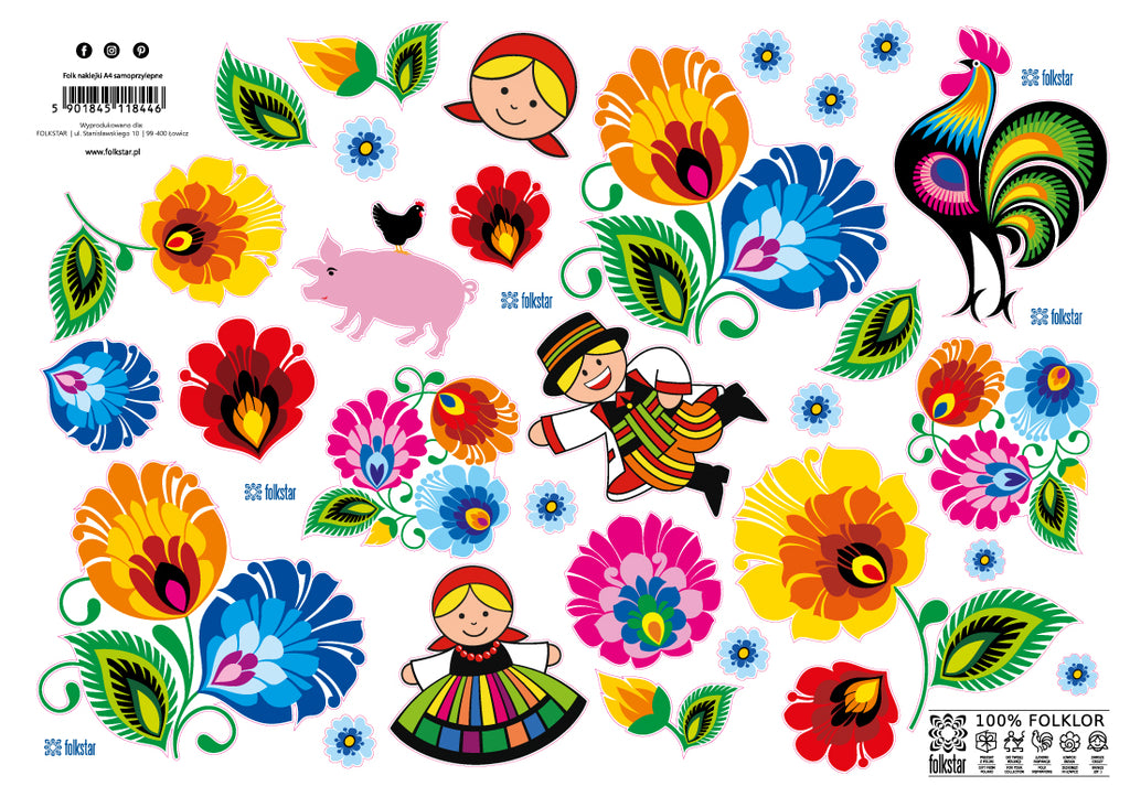 Polish Lowicz Folk Art Stickers, Set of 30