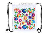 Polish Folk Art Floral Drawstring Sport Backpack, Lowicz White