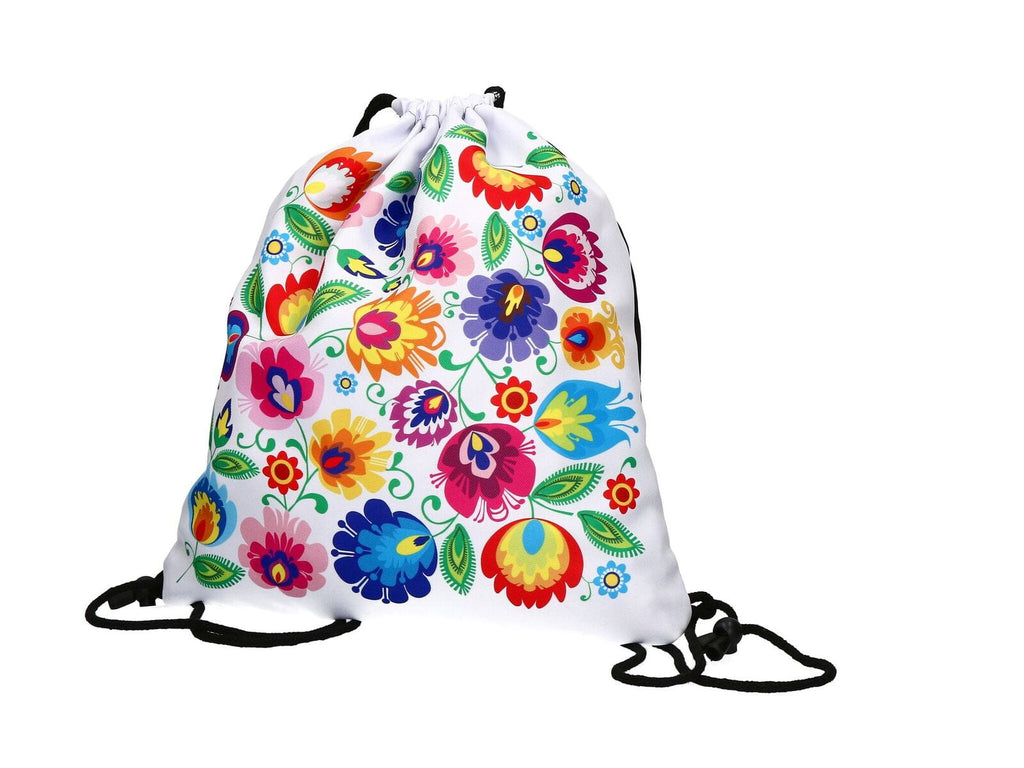 Polish Folk Art Floral Drawstring Sport Backpack, Lowicz White