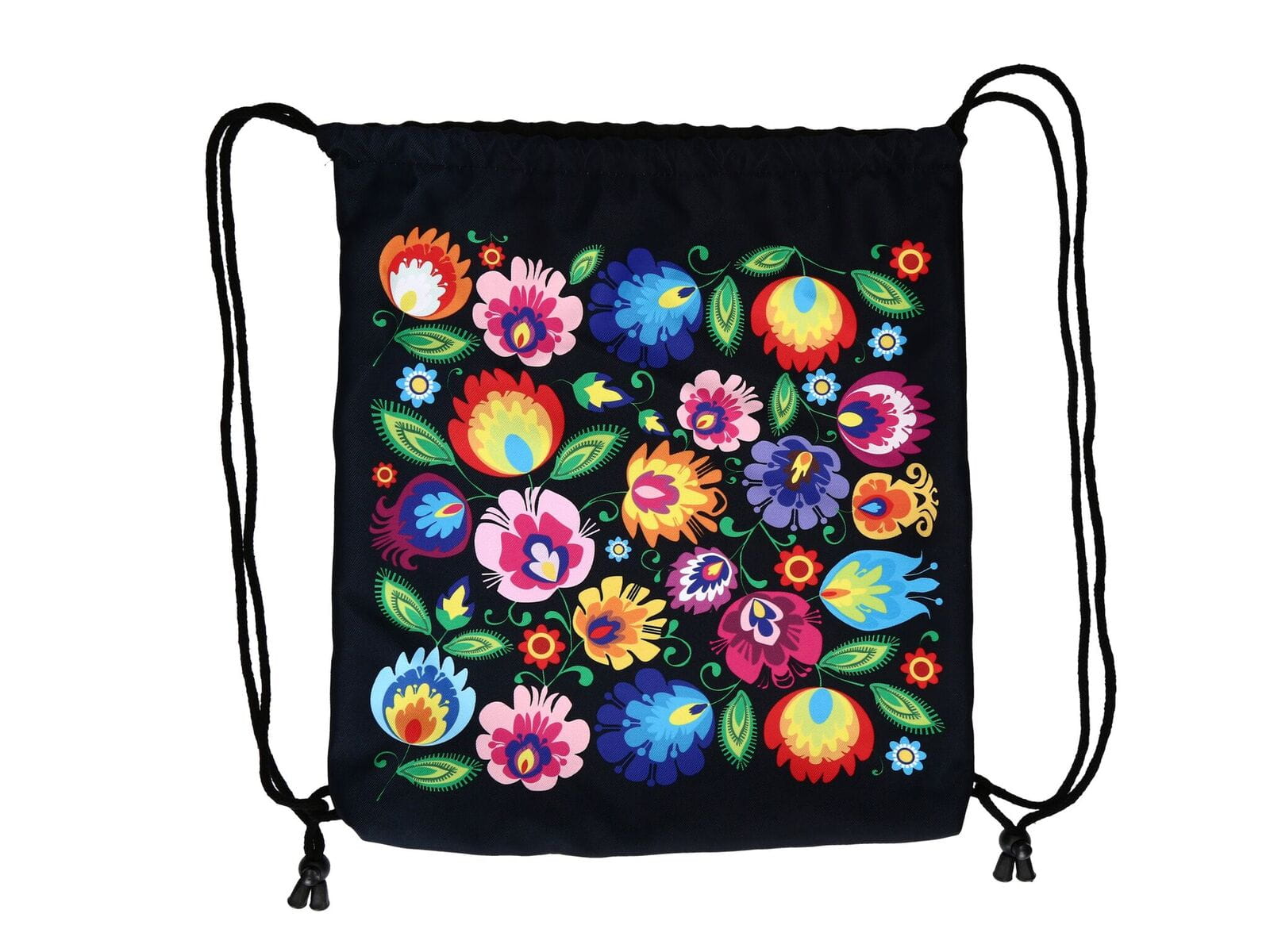 Polish Folk Art Floral Drawstring Sport Backpack, Lowicz Black