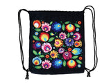 Polish Folk Art Floral Drawstring Sport Backpack, Lowicz Black