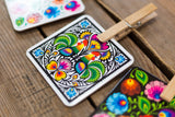 Polish Folk Cork Coasters, Set of 6 (Roosters Lowicz Folk)