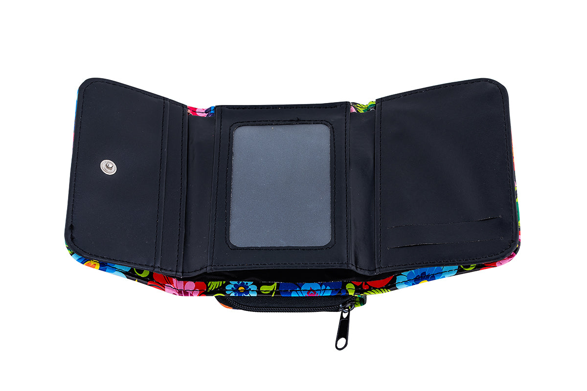 Women's Small Polish Folk Art Compact Bifold Pocket Wallet (Black)