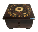 Polish Folk Floral Rosette Wooden Box with Brass Inlays and Key, 6"x6"