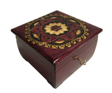 Polish Folk Floral Rosette Wooden Box with Brass Inlays and Key, 6"x6"