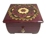 Polish Folk Floral Rosette Wooden Box with Brass Inlays and Key, 6"x6"