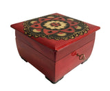 Polish Folk Floral Rosette Wooden Box with Brass Inlays and Key, 6"x6"