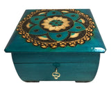 Polish Folk Floral Rosette Wooden Box with Brass Inlays and Key, 6"x6"