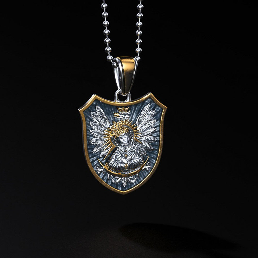Polish Eagle Shield & Our Lady of the Gate of Dawn Silver Pendant with Gold Plating