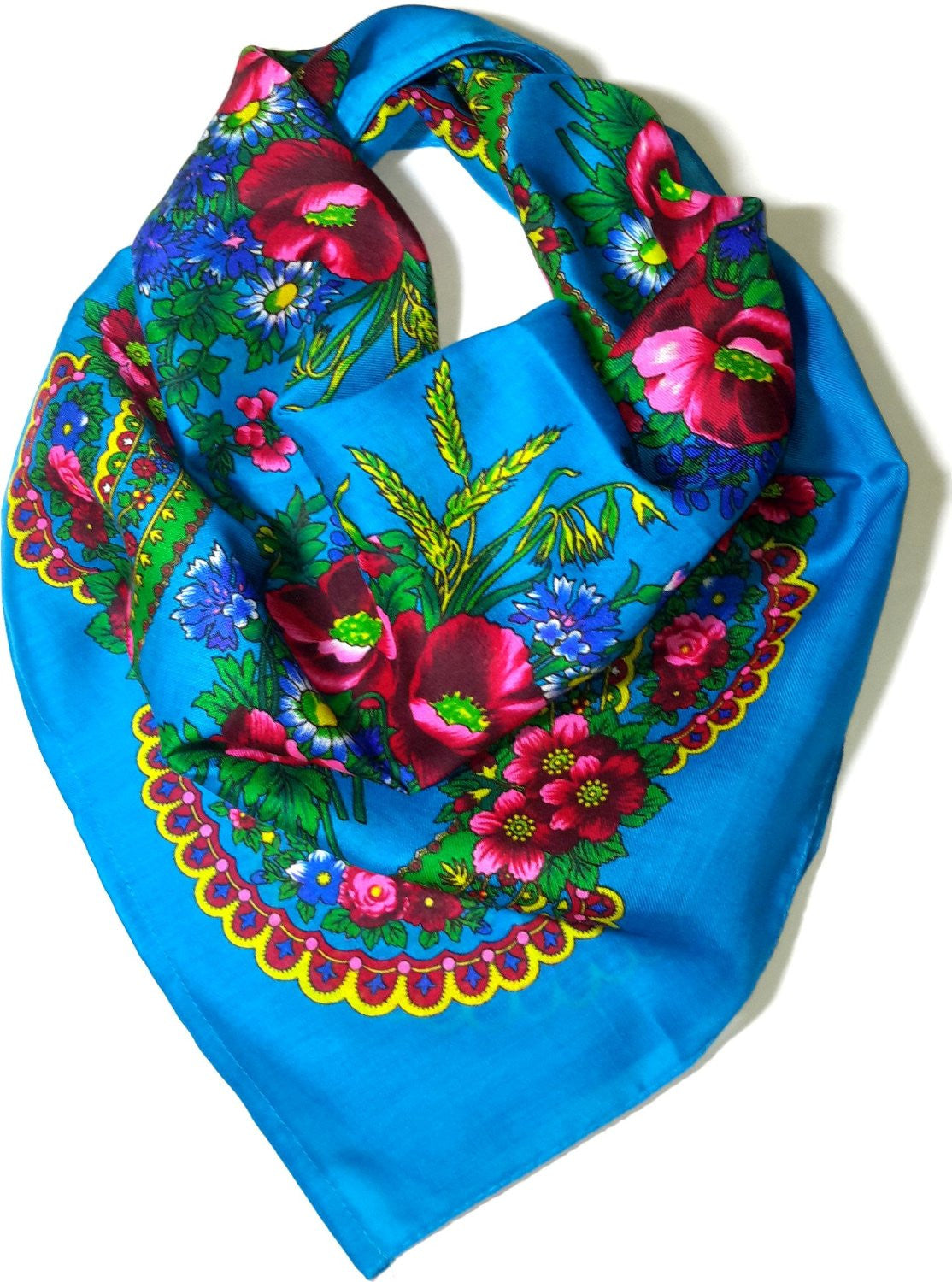 Traditional Polish Ukrainian Folk Cotton Head Scarf - Teal Blue - Taste of Poland
 - 1