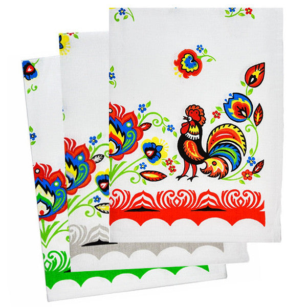 Polish Folk Art Set of 3 Kitchen Towels in Box (Lowicz Roosters)