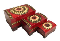 Polish Folk Floral Wooden Nesting Boxes with Brass Inlays, Set of 3