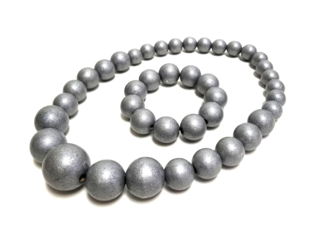 Handmade Wooden Bead Necklace and Bracelet Set (Korale Goralskie)- Metallic Silver