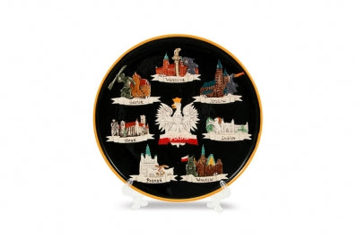 Hand-painted Black Polska Eagle Ceramic Plate featuring Poland's Cities