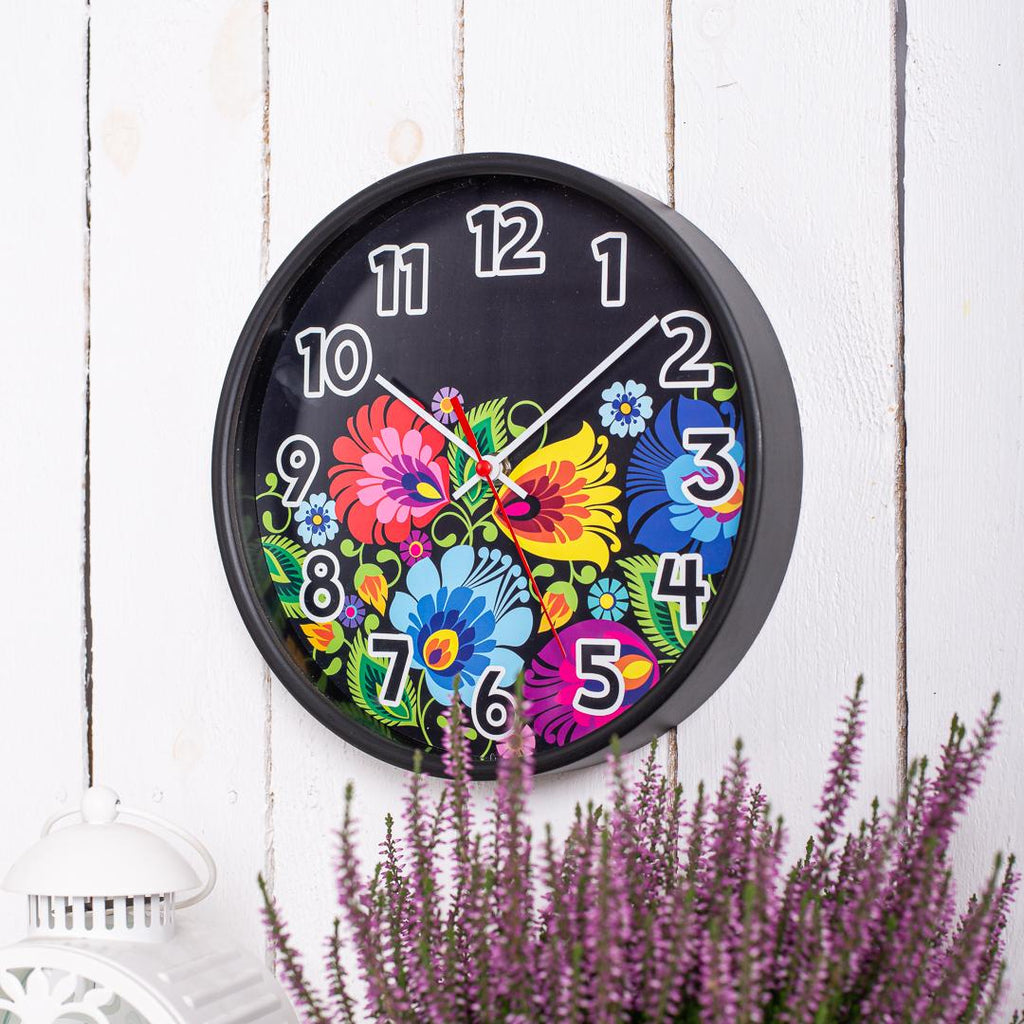 Polish Folk Art Wall Clock - Floral Black