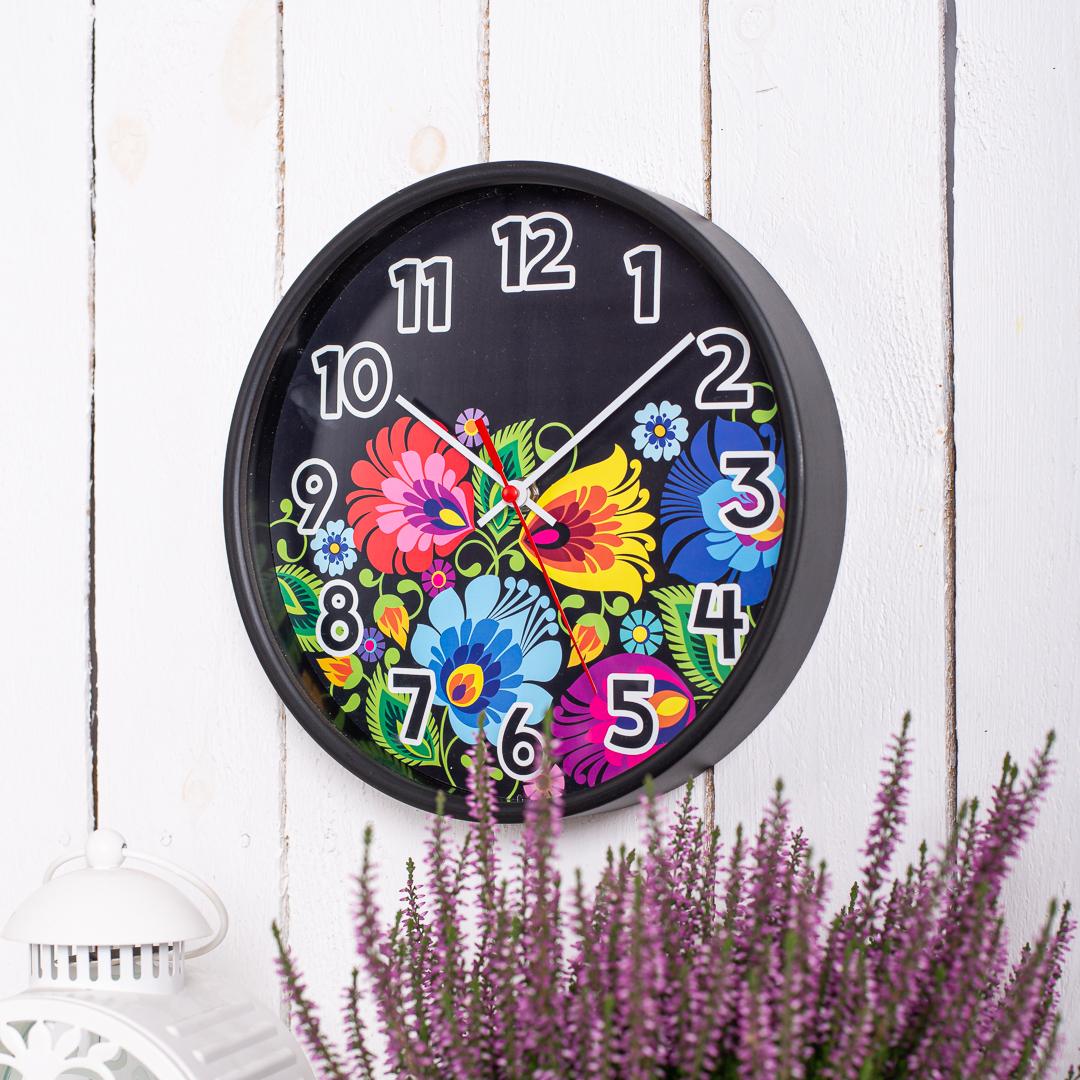 Polish Folk Art Wall Clock - Floral Black