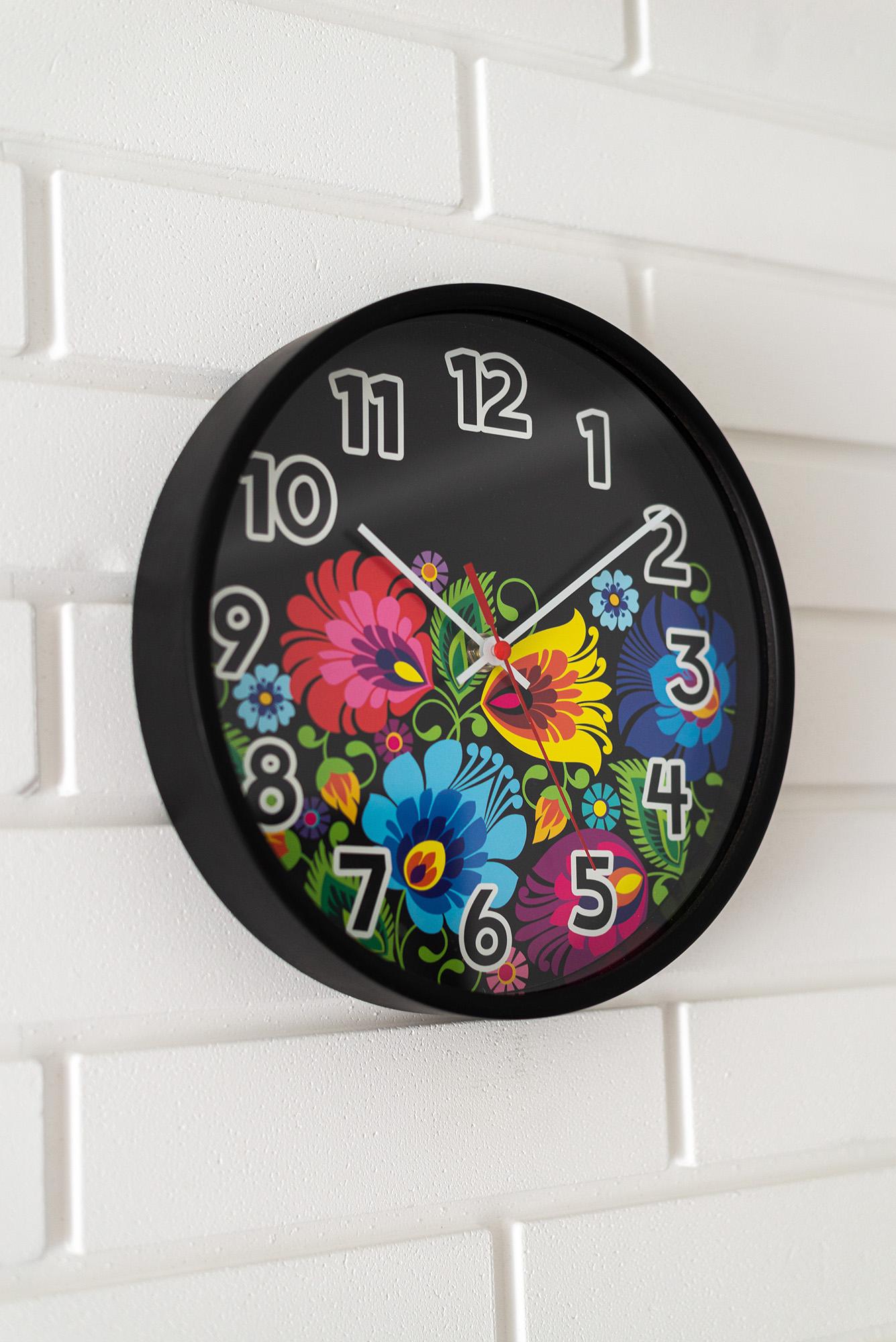 Polish Folk Art Wall Clock - Floral Black