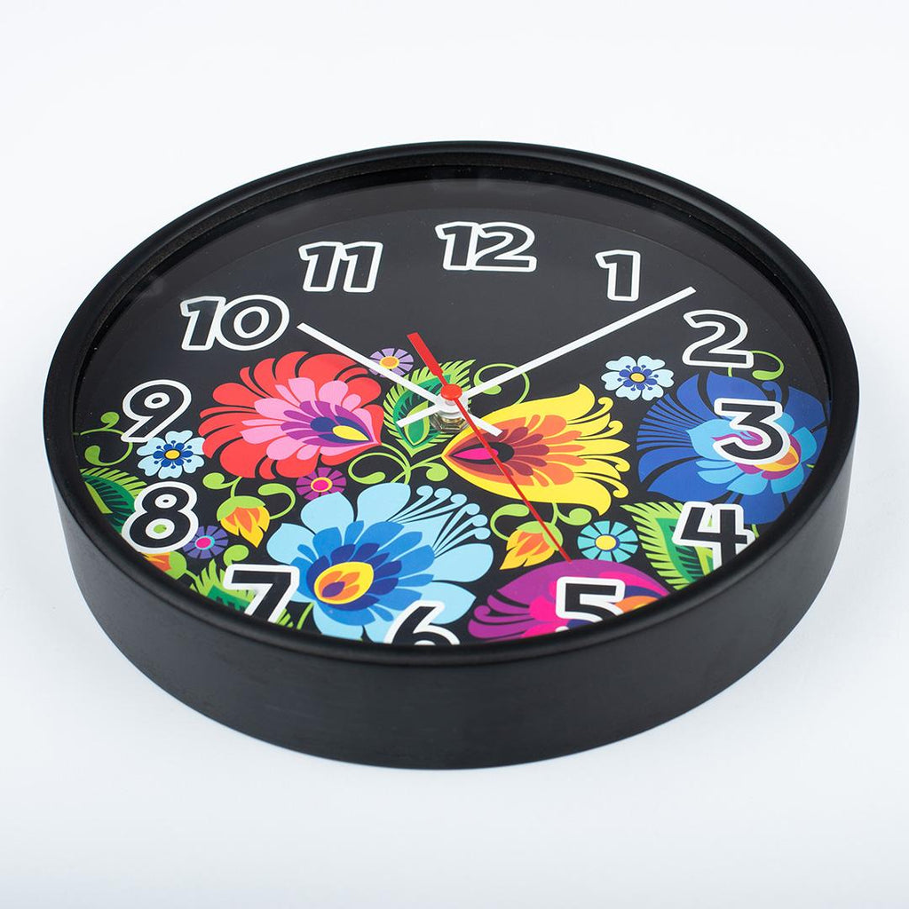 Polish Folk Art Wall Clock - Floral Black